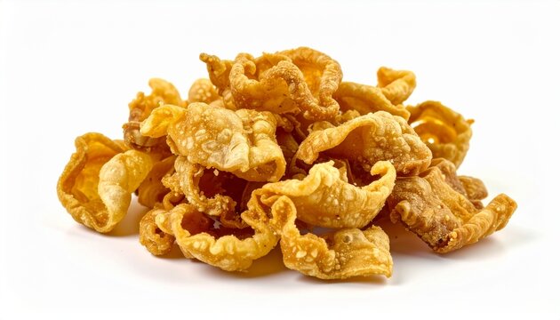 pile of crunchy golden pork rinds chicharron isolated on white background