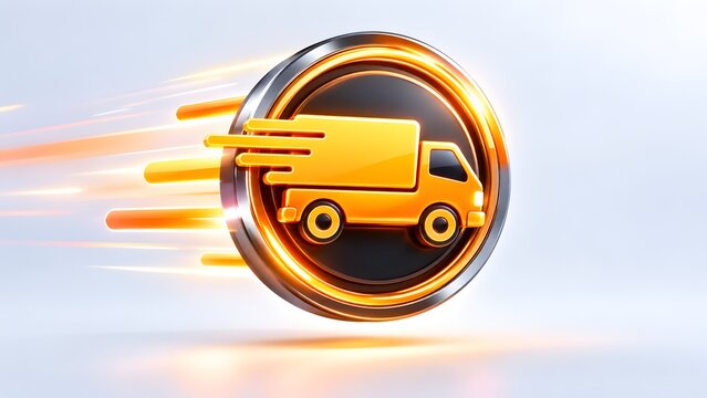 Glowing yellow delivery truck icon with speed lines inside a metallic circle. Concept of express shipping and e-commerce logistics service.