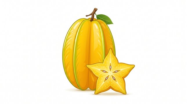 Fresh whole carambola fruit with green leaf and star slice vector