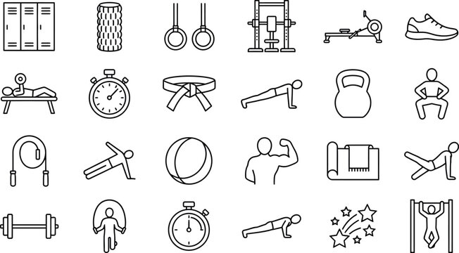 Fitness Gym Exercise Line Icon Set Featuring Weightlifting Rowing Machine Lockers Kettlebell Bench Press Pushups Plank Squat and Bodybuilding Icons for Sports App UI