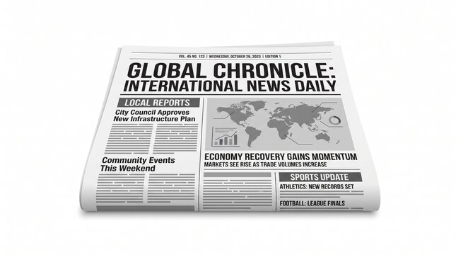 Front page of a printed newspaper featuring global news and world map
