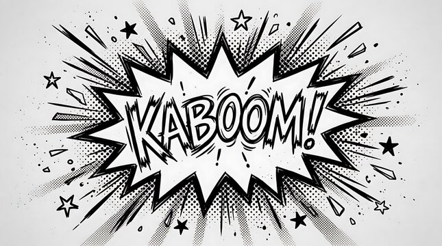 Vintage comic book explosion illustration with the word kaboom in a dynamic hand drawn retro style for graphic design projects