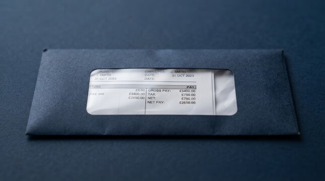 An official payslip document visible through the window of a blue mailing envelope.