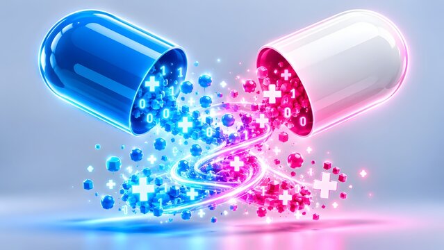 Open capsule releasing glowing binary codes and medical cross symbols. Concept of digital healthcare and advanced pharmaceutical technology.