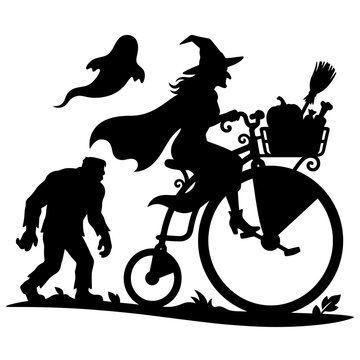 Vintage witch silhouette on penny farthing bicycle, spooky Halloween monster and ghost scene, black vector art for festive invitations isolated on White Background