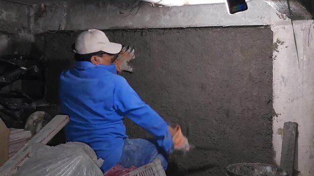 Mason Throwing Cement Mortar Mix On Wall To Fill Imperfections