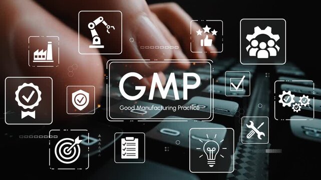 Modern Technology and Good Manufacturing Practice Concepts with Icons on Keyboard Background for Industry and Quality Control in Production. Entropy.