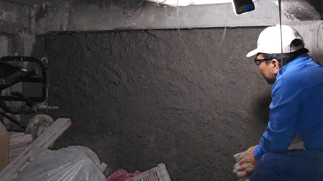 Mason Plastering Interior Cement Wall In Basement