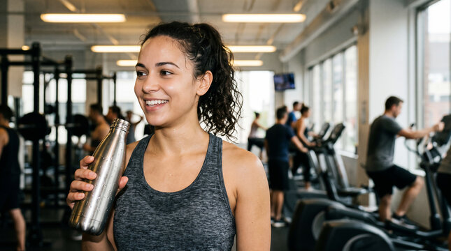 Hydration Break: A woman pauses her workout to drink from a stainless steel water bottle, smiling contentedly in a bustling gym environment. She embodies healthy lifestyle choices.
