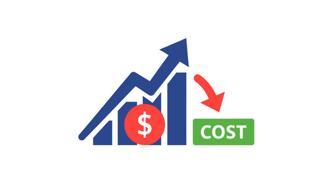 Dynamic business chart with rising blue arrow and falling red cost indicator representing financial optimization and profit growth strategy ideal for corporate presentations, marketing materials and