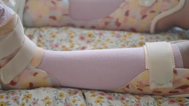 Close up motion of a young child's legs wearing leg braces and pink socks while resting in bed, showcasing the supportive medical equipment designed for therapeutic purposes.
