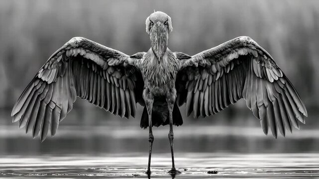 Shoebill Stork Stretching Wings in Papyrus Marsh Black and White