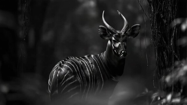 Bongo Antelope Standing in Rainforest Looking Back Black and White