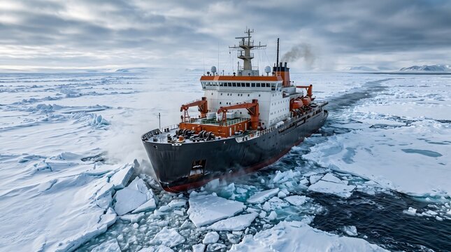 Heavy icebreaker ship navigating through frozen Arctic ocean breaking thick ice sheets.