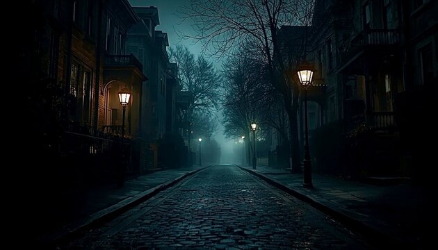 A dark spooky street in the early twentieth century. The  night scene should create a feeling of foreboding. This illustration is generated by AI.