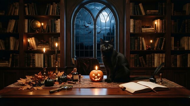 Black cat sitting on a desk in a spooky library with a glowing pumpkin and open book