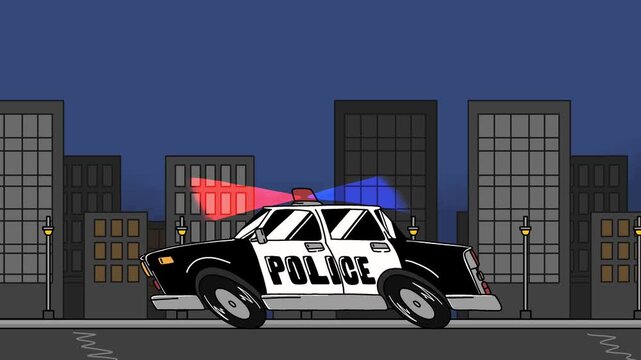 Cartoon Animation Police Car Driving at Night