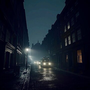 A dark spooky street in the early twentieth century. The  night scene should create a feeling of foreboding. This illustration is generated by AI.