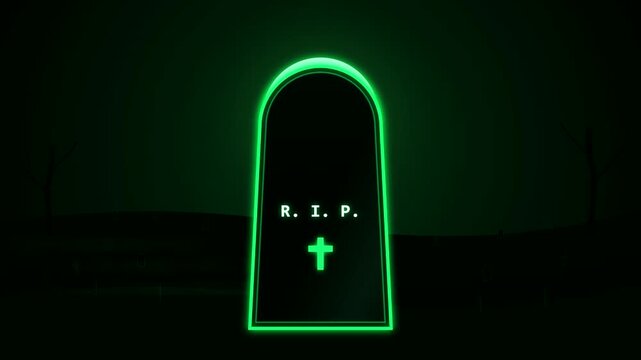 Neon green RIP tombstone with cross glowing on dark background loop