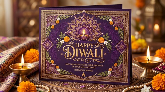 Happy Diwali greeting card with gold mandala pattern on a deep purple paper. Burning oil lamps and marigold flowers surrounding the festive decoration. Commercial holiday celebration photo