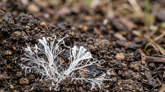Ground level close up of soil filtration bed where white oyster mushroom mycelium breaks down petroleum