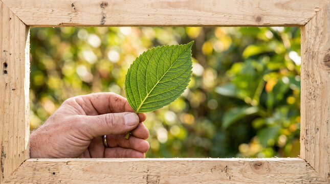 Hand Holding Green Leaf Through Wooden Frame: A human hand delicately holds a vibrant green leaf, framing a sun-dappled garden view through a rustic wooden border.