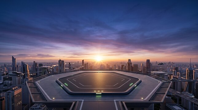 Hexagonal inductive charging pad on an elevated urban skyport pad at sunrise with carbon fiber texture