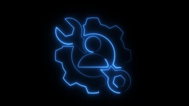 Neon User Settings Icon Animation &ndash; Profile with Gear and Wrench Symbol Glowing Blue on Black Background .Motion Graphic.