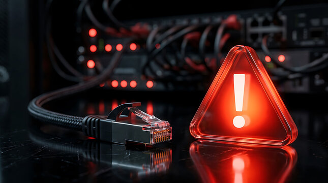 Network server failure with red warning sign and disconnected ethernet cable