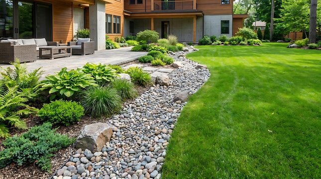 Modern backyard garden landscape with stone path green lawn and patio area for outdoor home relaxation. yard drainage solutions