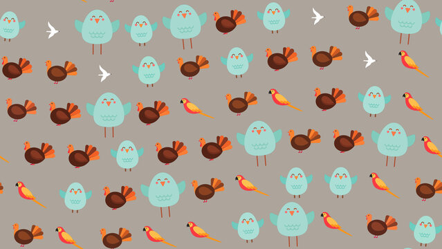 Cartoon birds pattern with turkeys, blue birds, and parrots