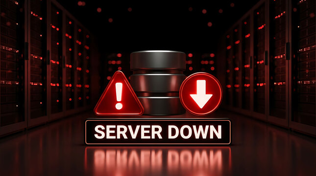 Database server down error concept with glowing warning icons in data center