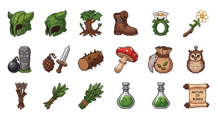 Fototapeta premium A set of nature-themed fantasy game icons featuring equipment, magical items, herbs, and potion bottles vector.