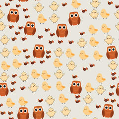 Cute cartoon owls, chicks, and turkeys seamless pattern © aca