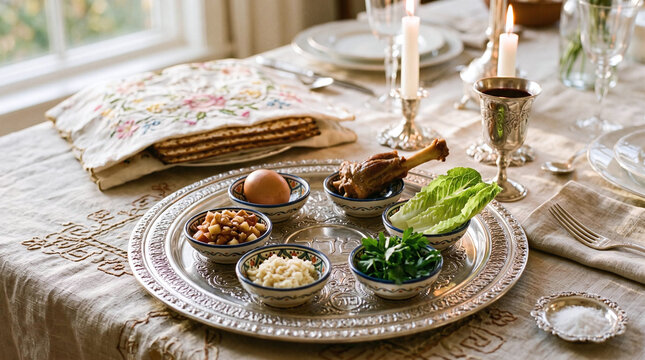 Traditional Jewish Passover Seder table setting with silver plate and matzah