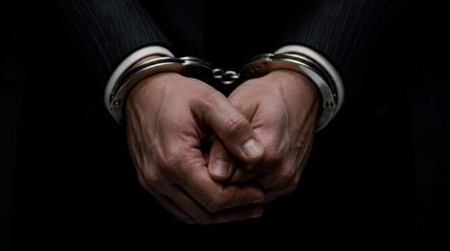 A person clad in professional attire is apprehended, their wrists securely fastened with gleaming metal restraints against a dramatic, somber backdrop, symbolizing justice and confinement