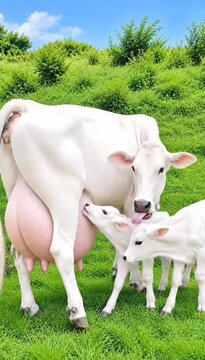 White mother cow standing peacefully in vibrant green pasture while two adorable newborn calves drink milk during sunny daylight hours video clip motion
