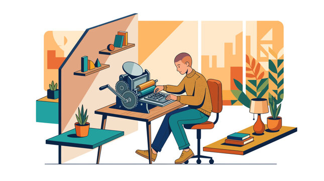 Creative male artisan with a vintage manual printing press in a modern office studio, concept for traditional craftsmanship ideal for publishing, editorial, and creative branding.