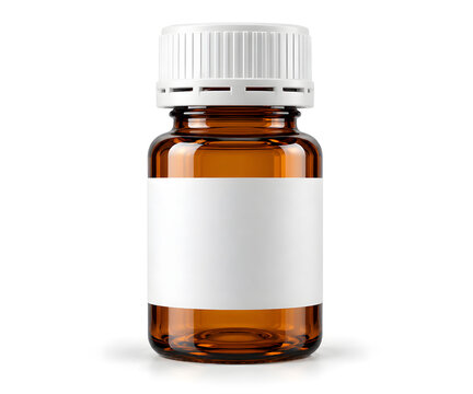 Ultra realistic amber glass pharmaceutical medicine bottle with a white child resistant screw cap and blank label, isolated on a clean white background for medical packaging and pharmacy concepts.