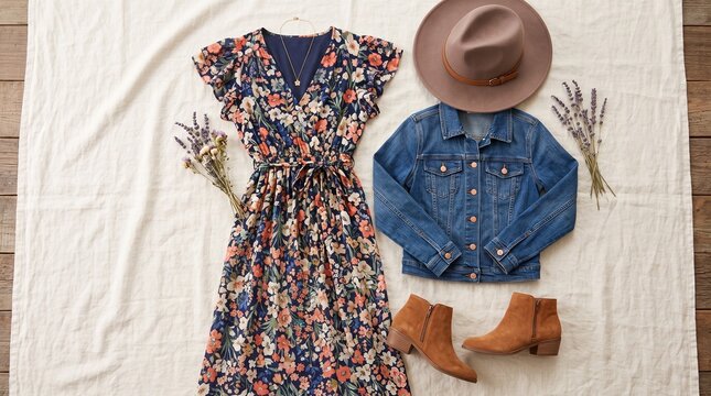 A flat lay of an unbranded floral print maxi dress, a plain denim jacket, a generic wide-brim felt hat, and unbranded suede ankle boots. Arranged on a light cream linen sheet. 3