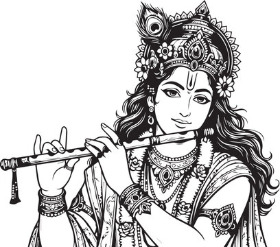Lord Krishna plays his flute, vector Illustration. Happy Janmashtami, annual Hindu festival greetings. Line art portrait of holy person. Indian god lord krishna play flute(bansuri) clip art vector 