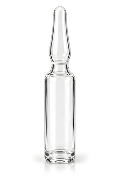 Empty transparent sterile pharmaceutical glass ampoule with a narrow neck and sealed tip, isolated against a clean white background.