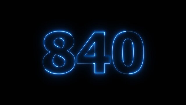 Abstract Glowing Beautiful Blue Neon Number 840 on Black Background 4k Illustration.
