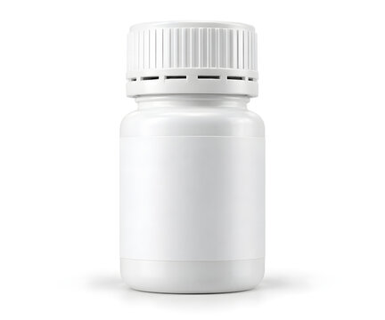 Ultra realistic opaque white HDPE pharmaceutical tablet bottle with a child resistant cap and blank label, isolated on white for medicine packaging and healthcare concepts.