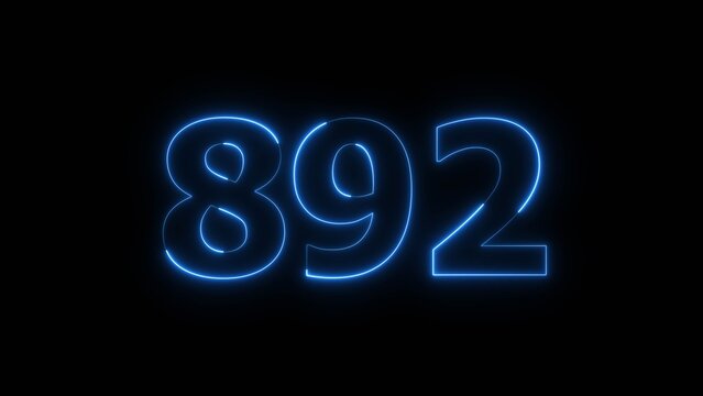 Abstract Glowing Beautiful Blue Neon Number 892 on Black Background 4k Illustration.
