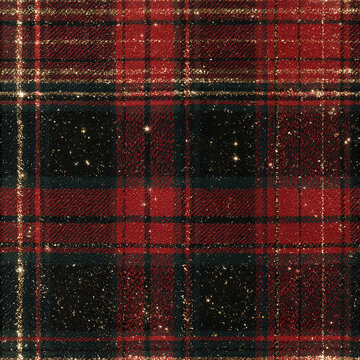 Glamorous holiday plaid seamless pattern with red, black, and gold glitter details creating festive and elegant textile design