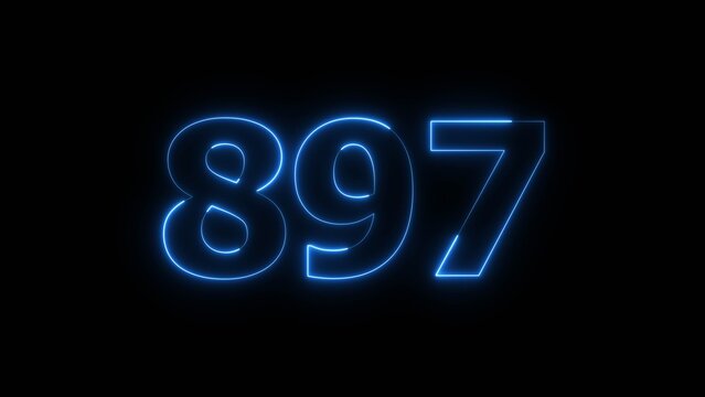 Abstract Glowing Beautiful Blue Neon Number 897 on Black Background 4k Illustration.