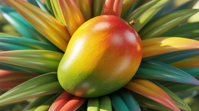 Ripe mango fruit centered on a burst of colorful pointed petal shapes