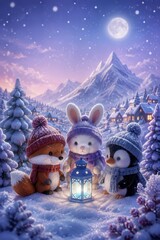 Fototapeta premium Cute winter animals with lantern beneath moonlit mountain village