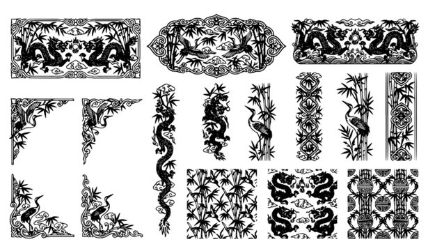 Traditional Chinese Dragon Crane Bamboo Decorative Vector Borders